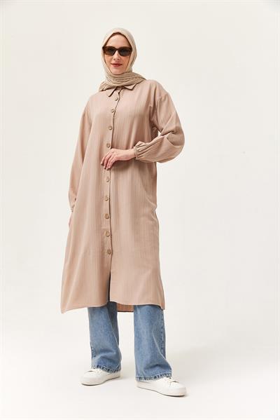 Keten Düğmeli Uzun Tesettür Tunik Bej