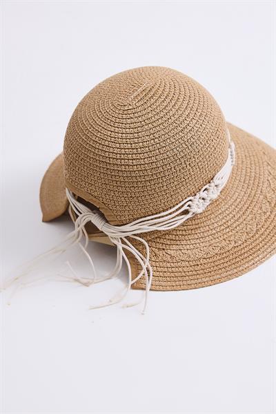 Daire Hasır Kadın Plaj Havuz Bahçe Şapkası Vizon