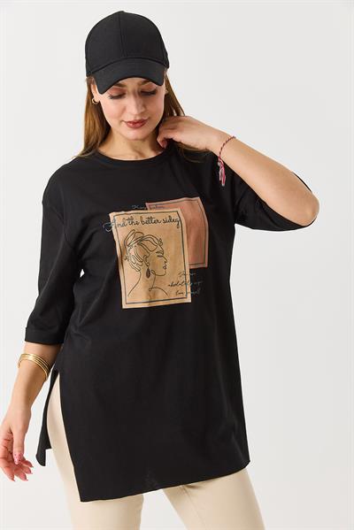 Kadın Figürlü Baskılı Bisiklet Yaka Tshirt Siyah