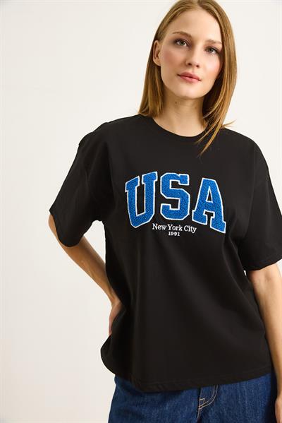 Nakışlı Bisiklet Yaka  Kadın Tshirt Siyah