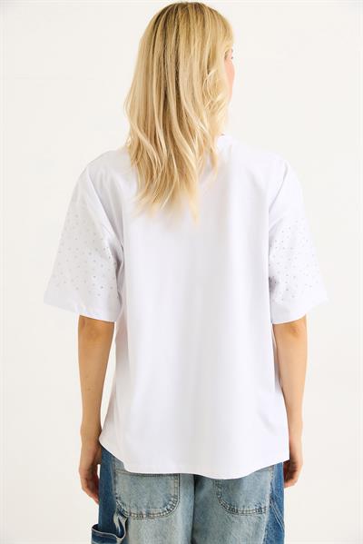 Taşlı Oversize Beyaz Tshirt