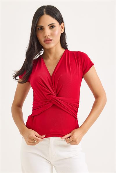 Kruvaze Yaka Çarpaz Bağlama Detaylı Bluz Kırmızı