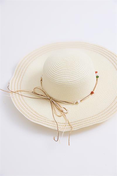 Fiyonk Detaylı Çizgili Hasır Plaj Havuz Şapkası Krem