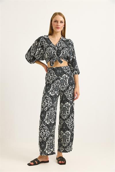 Bağlamalı Crop Bluz Pantolon İkili Takım Siyah