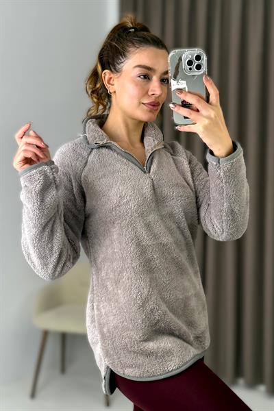 Kadın Yarım Fermuarlı  Welsoft Peluş Gri Sweatshirt 
