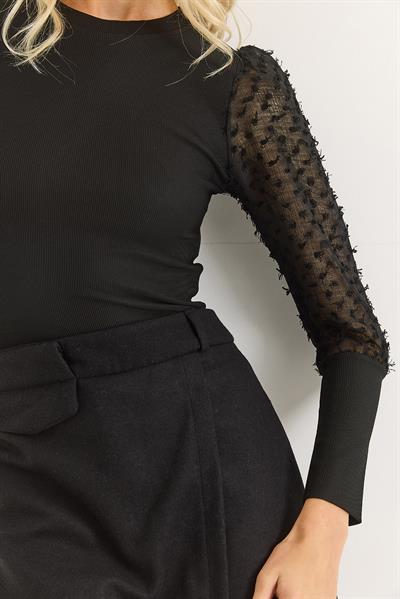 Kollar Tül Detaylı Uzun Kollu  Tasarım Bluz Siyah 