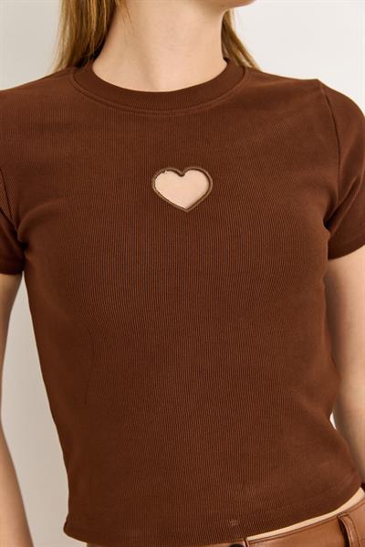 Kalp Detaylı Fitilli Örme Bluz Kahverengi