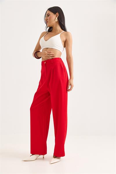 Yüksek Bel Bol Paça Pantalon Kırmızı