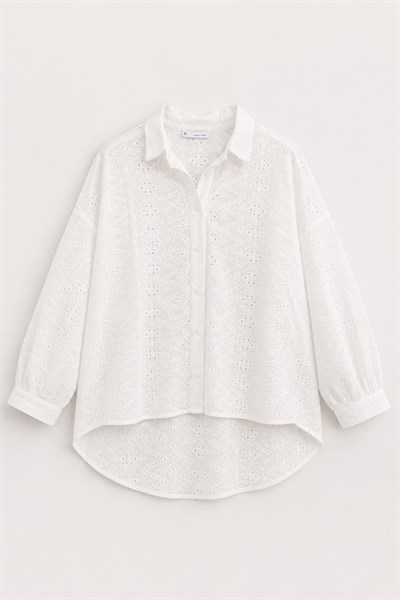 Kadın Oversize Dantel Gömlek Ekru