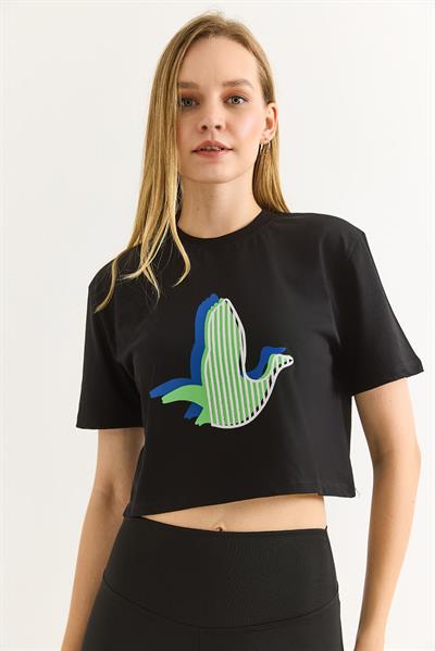 Karikatür Kuş Baskılı Pamuk Örme Crop Tshirt Siyah