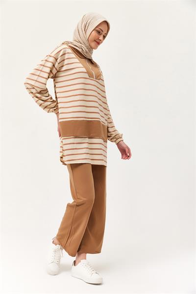 Fermuarlı Çizgili Gömlek Yaka Takım Vizon