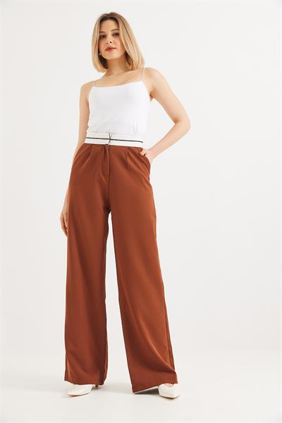 Beli Şeritli Bol Paça Pantolon Kahverengi