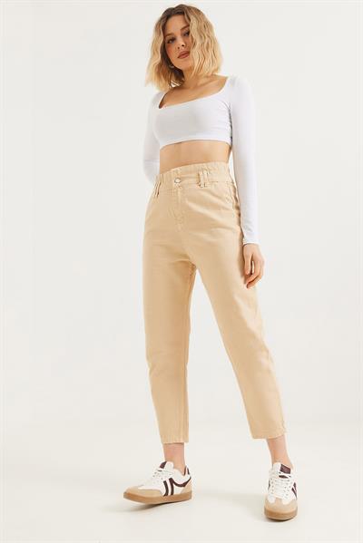 Yüksek Bel Bol Kesim Pantolon Bej