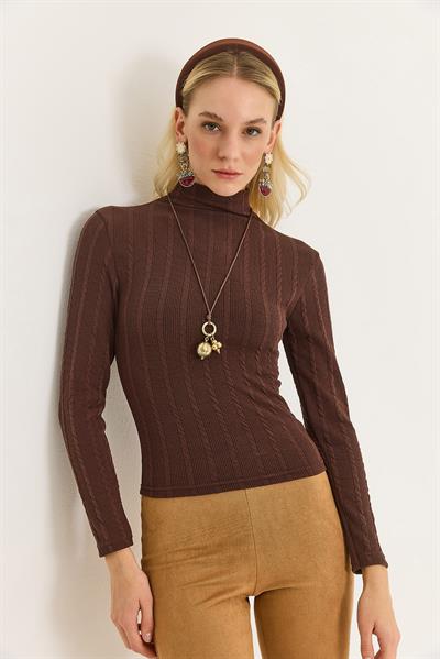 Kadın Balıkçı Yaka Triko Esnek Kazak Kahverengi