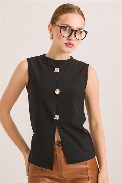 Bisiklet Yaka Gold Düğmeli Ottoman Fitilli Bluz Siyah