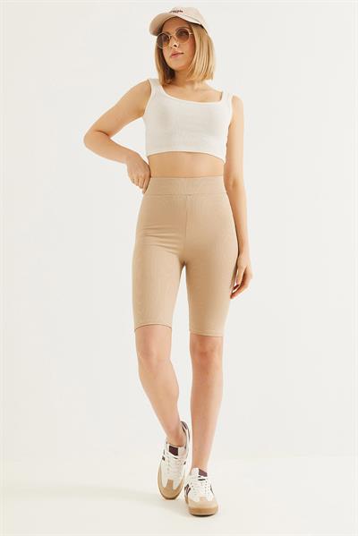 Fitilli Toparlayıcı Kısa Tayt Bej