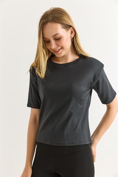 Vatkalı Bisiklet Yaka Basic Tshirt Füme
