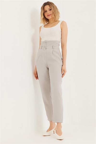 Çift Düğmeli Yüksek Bel Palazzo Pantolon Gri