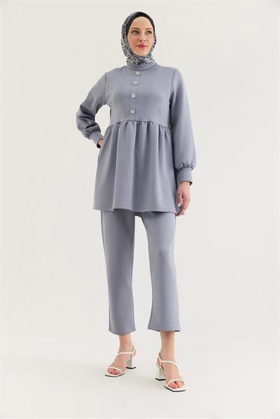 Taş Düğmeli Scuba İkili Takım Gri