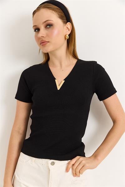 Yaka V detay Kısa Kol Kaşkorse Siyah