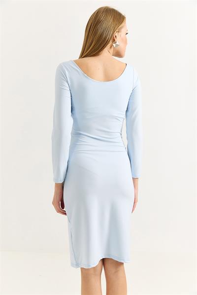 Kadın Pembe Büzgülü Uzun Kollu Elbise Mavi