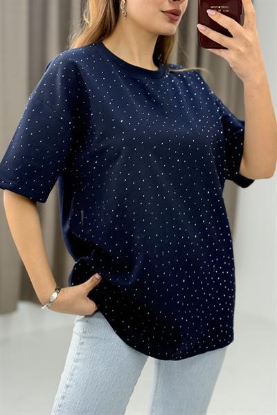 Bisiklet Yaka Taşlı Yarım Kol T-shirt Lacivert