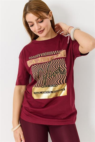 Kadın Parlak Yazılı Baskılı Tshirt Bordo