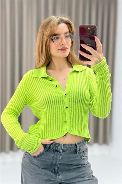 Polo Yaka Yazlık Triko Hırka Yeşil