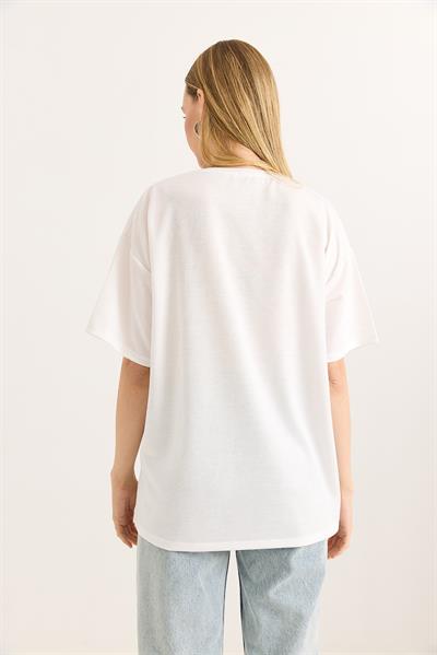 Baskılı Bisiklet Yaka Basic Tshirt Beyaz