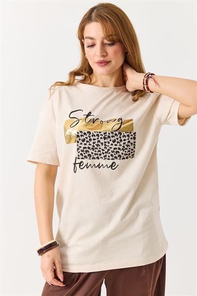 Kadın Bisiklet Yaka Baskılı Kısa Kol Tshirt Krem