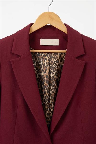 Kadın İç Astarı Leoparlı Tek Düğmeli Ceket Bordo