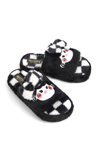 Kadın Önü Açık Peluş Siyah Ev Terliği 