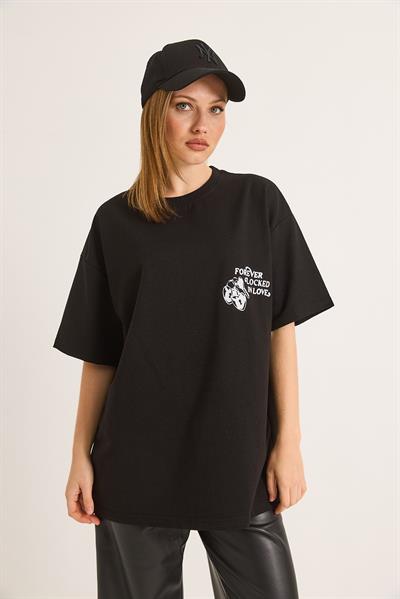 Baskılı Oversize İki İplik Tshirt Siyah
