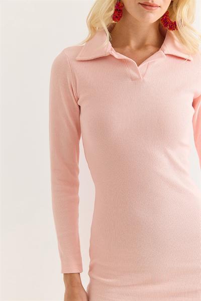 Kadın Polo Yaka Mini Elbise Pudra