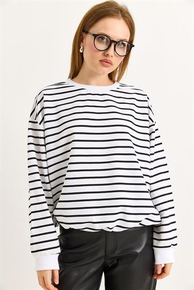Bisiklet Yaka Çizgili Sweat Siyah