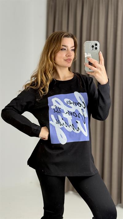 Kadın Siyah Baskılı Uzun Kollu Tshirt
