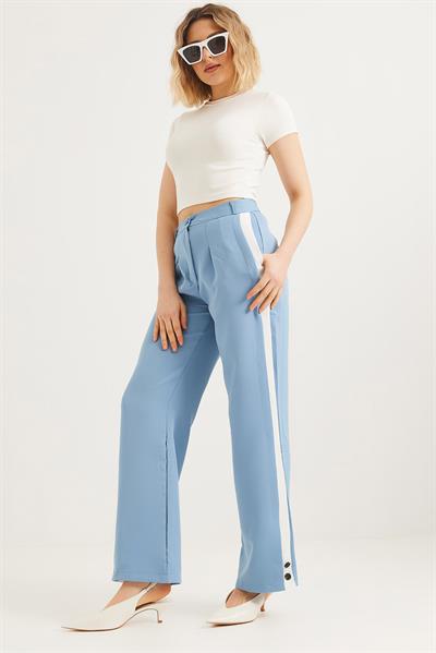 Yanları Şeritli Bol Paça Pantolon Mavi