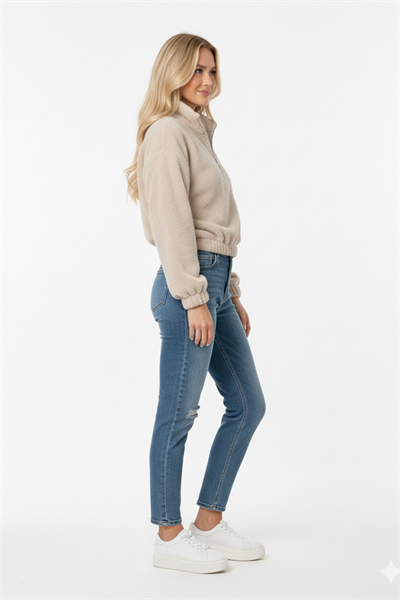 Kadın Yarım Fermuarlı Altı Büzgülü Bej Sweatshirt