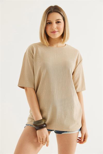 Bisiklet Yaka  Kısa Kol Basic Tshirt Krem