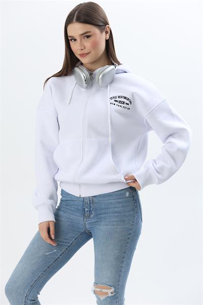 Fermuarlı Kapüşonlu  Sweatshirt Beyaz
