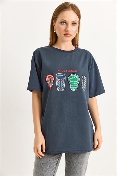 Baskılı Oversize Tshirt Füme