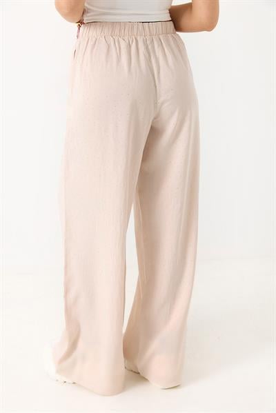 Kadın Taş Detaylı Bol Kesim Keten Görünümlü Pantolon Krem