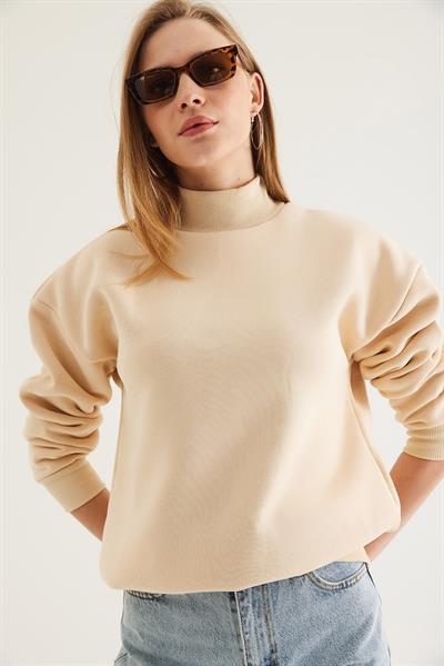 Balıkçı Yaka Şardonlu 3 ip Örme Sweatshirt Bej