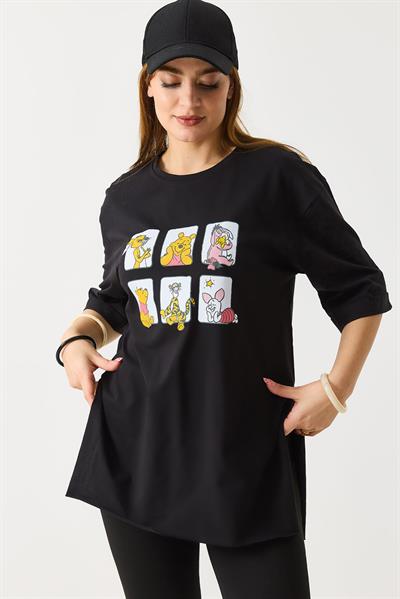 Kadın Yanı Yırtmaçlı Oversize Basic Tshirt Siyah