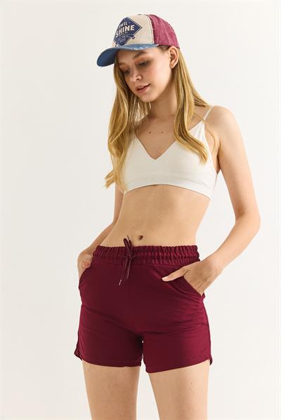 Beli Lastikli Fit Kadın Şort Bordo