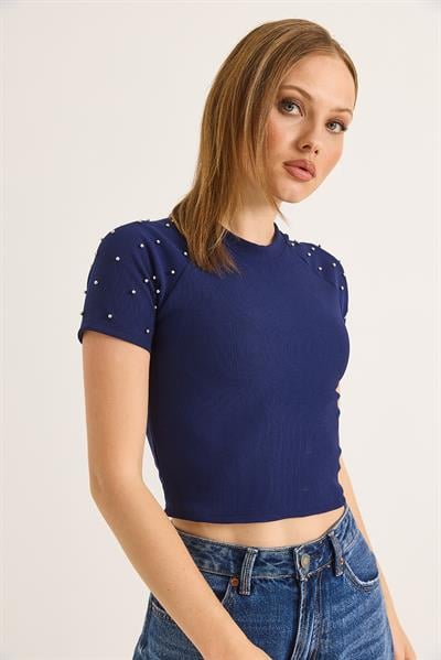 Regular Taş Detaylı Ottoman Crop Bluz Saks