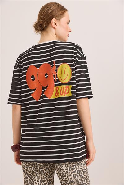 Karikatür Up Baskılı Çizgili Salaş Tshirt Siyah