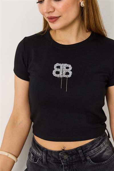 Kadın  Kısa Kollu Taşlı Crop Bluz Siyah
