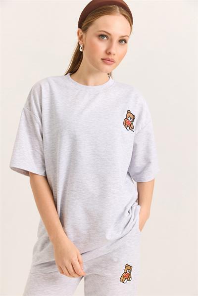Ayıcık Nakışlı Oversize İki İp Tshirt  Gri