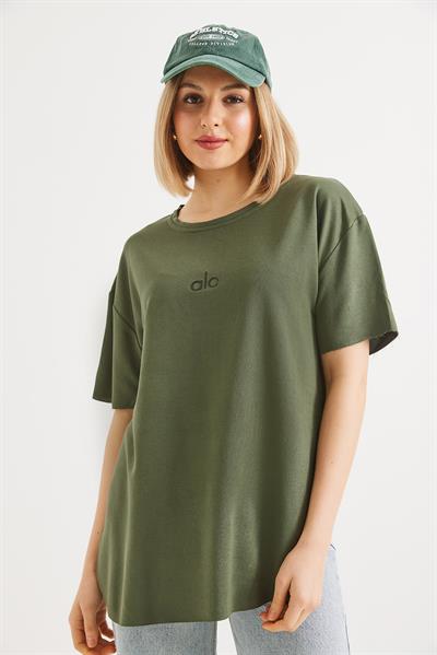 Eteği Oval Kesim Bisiklet Yaka Tshirt  Haki